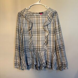 Vince Camuto Plaid Ruffle Blouse - Cream and Gray